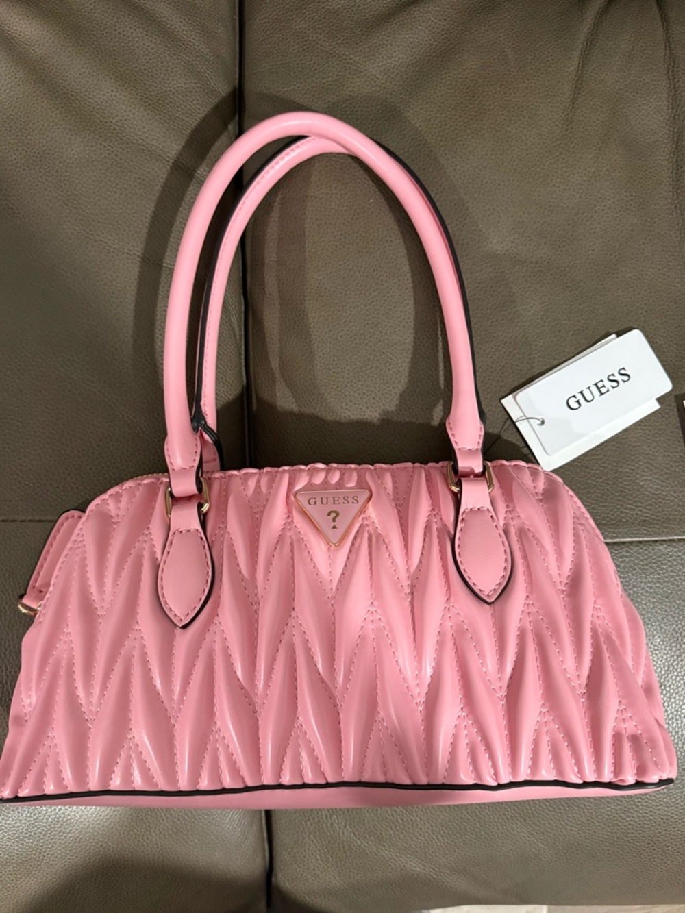 NWT GUESS Pink Quilted Dome Satchel with Gold Accents